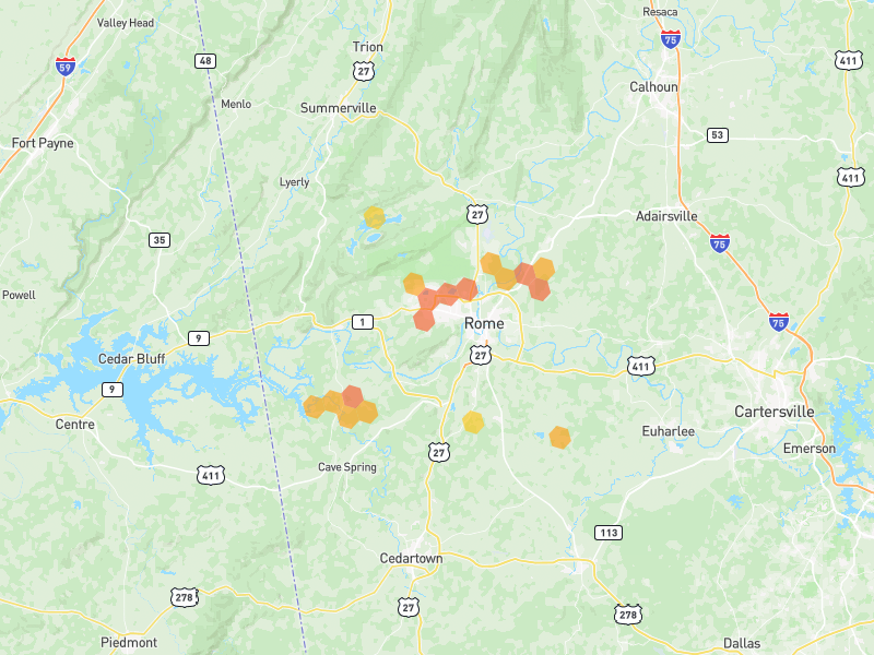 Hail map of Rome, GA on Jul 3, 2026, hail up to 1.75"