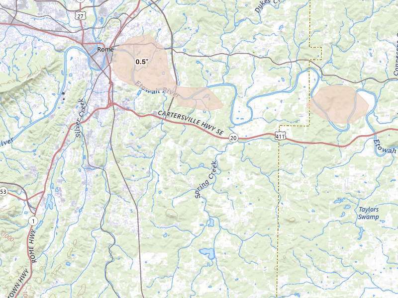 Radar-estimated hail-size map of the storm over Rome, GA on Jul 11, 2026