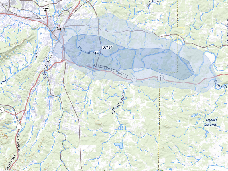 NEXRAD radar-signature map of the hail storm over Rome, GA on Jul 11, 2026