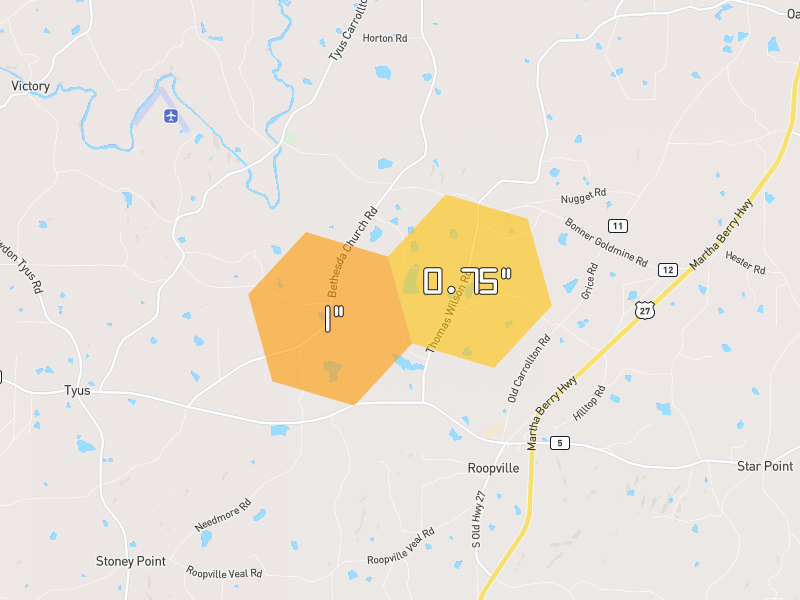 Hail map of Roopville, GA on Jul 3, 2026, hail up to 1"