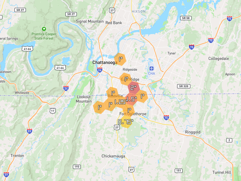 Hail map of Rossville, GA on Jul 3, 2026, hail up to 2"