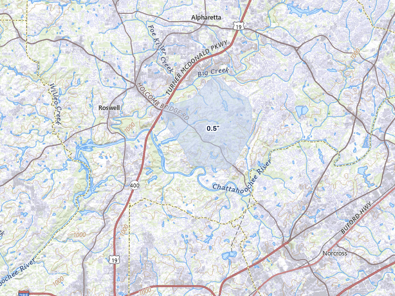 NEXRAD radar-signature map of the hail over Roswell, GA