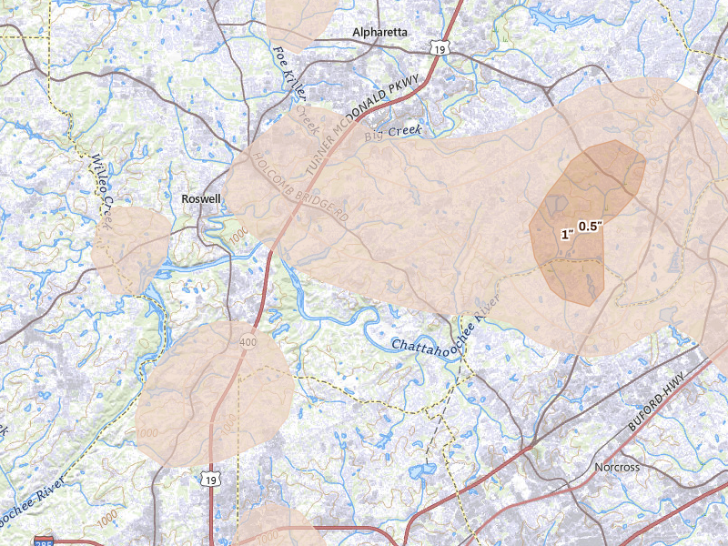 Radar-estimated hail-size map of the storm over Roswell, GA on Jul 3, 2026