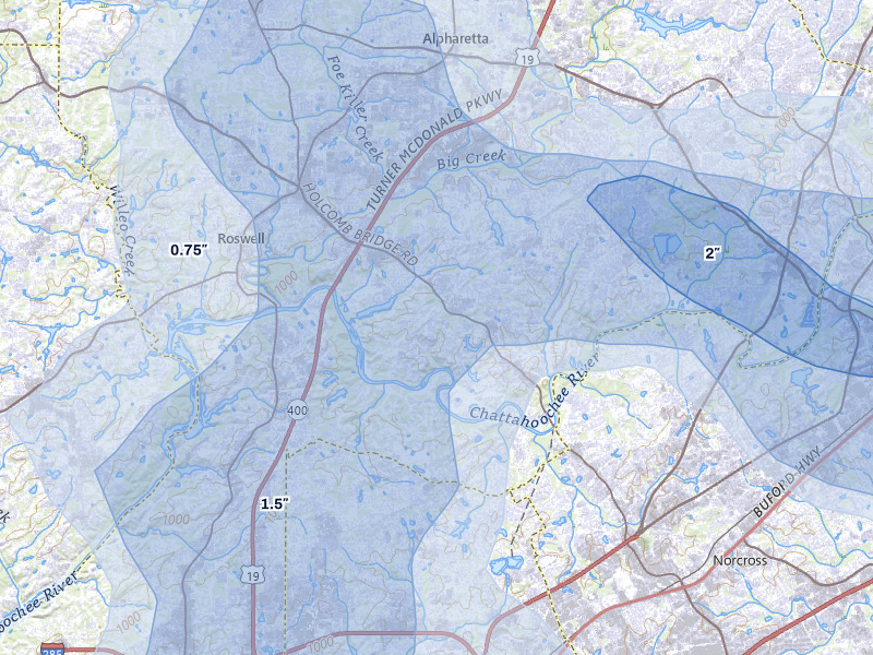 NEXRAD radar-signature map of the hail storm over Roswell, GA on Jul 3, 2026