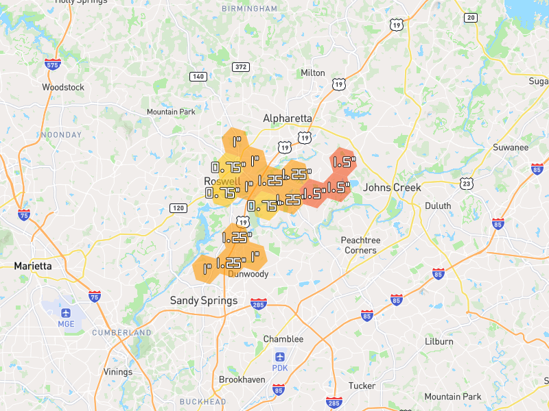 Hail map of Roswell, GA on Jul 3, 2026, hail up to 1.5"
