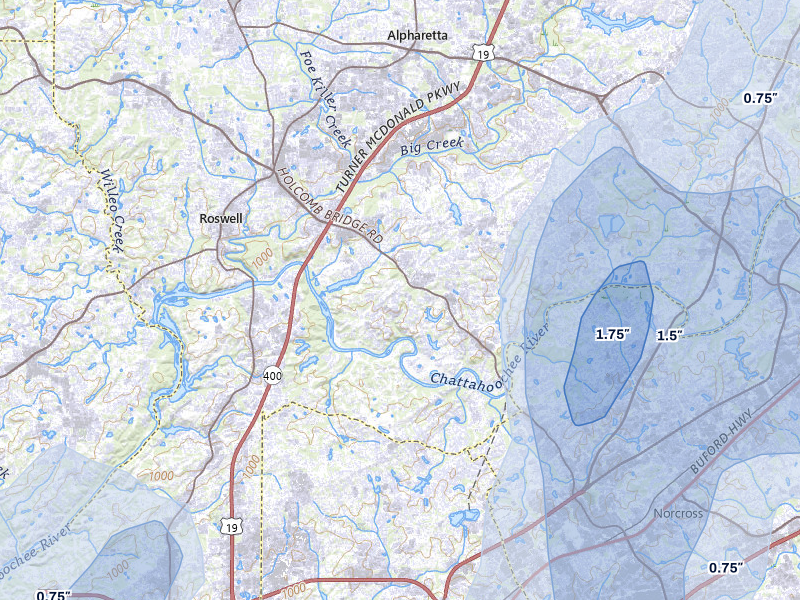 NEXRAD radar-signature map of the hail over Roswell, GA