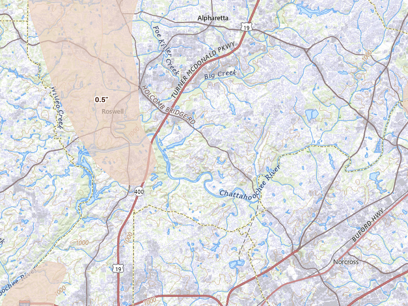 Radar-estimated hail-size map of the storm over Roswell, GA on Jul 28, 2026