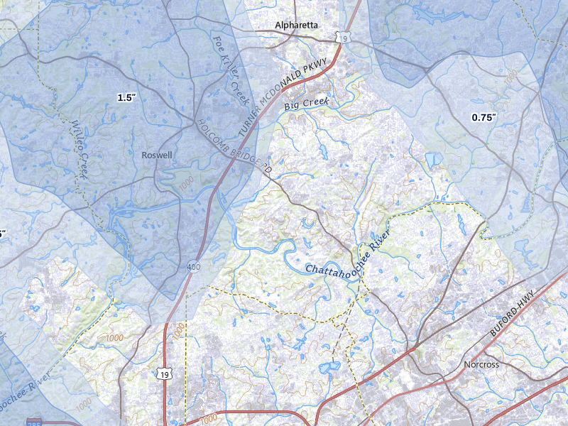NEXRAD radar-signature map of the hail storm over Roswell, GA on Jul 28, 2026