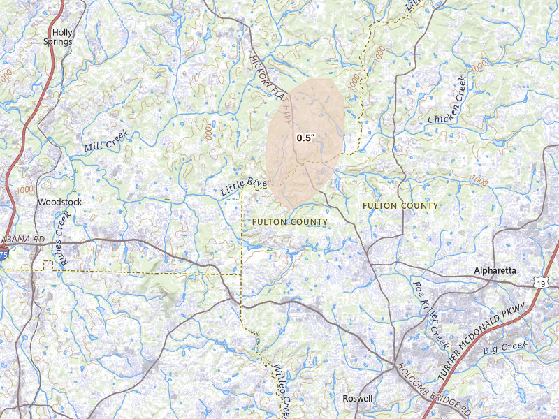 Radar-estimated hail-size map of the storm over Roswell, GA on Aug 8, 2026