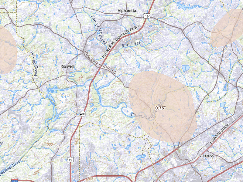 Radar-estimated hail-size map of the storm over Roswell, GA on Sep 5, 2026