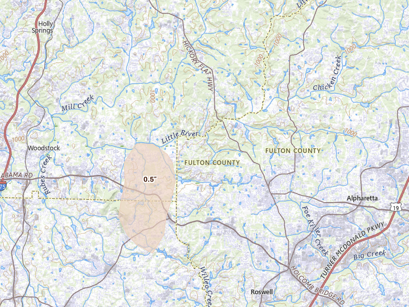 Radar-estimated hail-size map of the storm over Roswell, GA