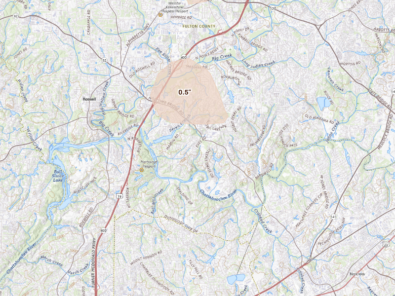 Radar-estimated hail-size map of the storm over Roswell, GA