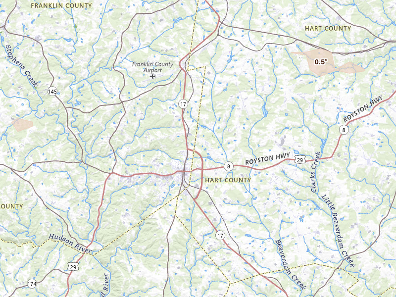 Radar-estimated hail-size map of the storm over Royston, GA on Jun 14, 2026