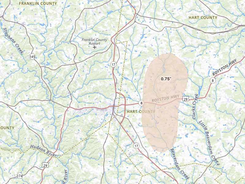 Radar-estimated hail-size map of the storm over Royston, GA on Jun 29, 2026