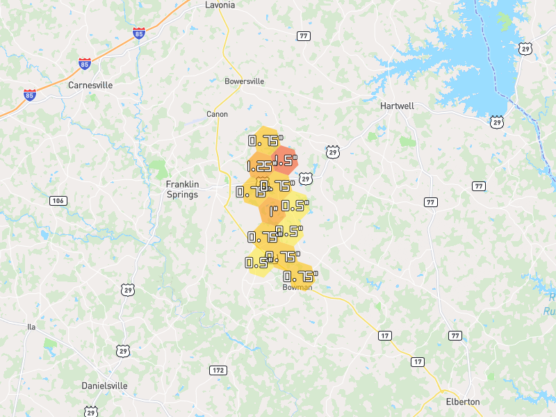 Hail map of Royston, GA on Jun 29, 2026, hail up to 1.5"