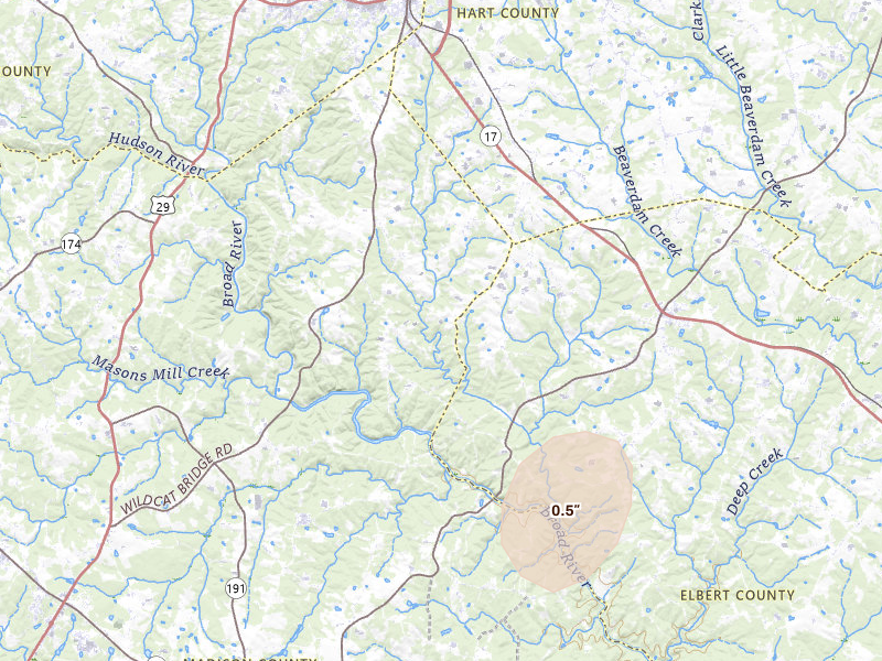 Radar-estimated hail-size map of the storm over Royston, GA on Aug 5, 2026