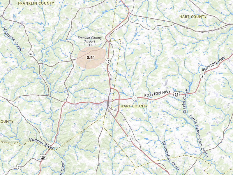 Radar-estimated hail-size map of the storm over Royston, GA