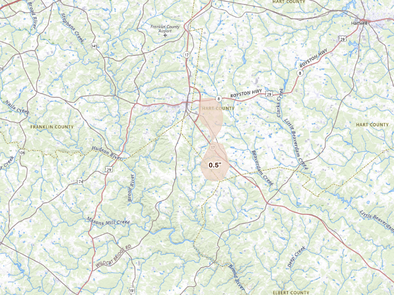 Radar-estimated hail-size map of the storm over Royston, GA