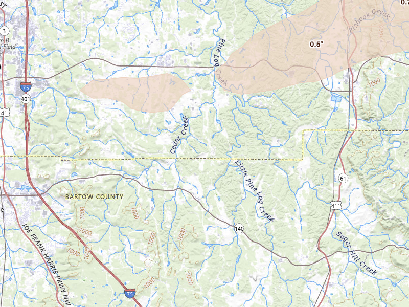 Radar-estimated hail-size map of the storm over Rydal, GA on Feb 26, 2026