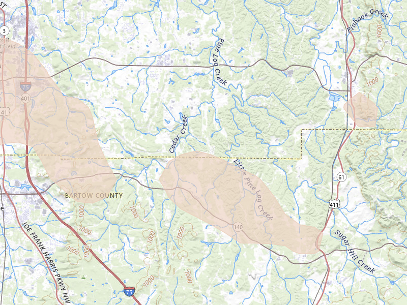 Radar-estimated hail-size map of the storm over Rydal, GA on Jul 5, 2026