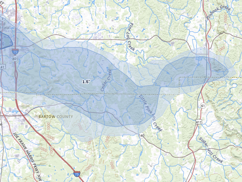 NEXRAD radar-signature map of the hail storm over Rydal, GA on Jul 5, 2026