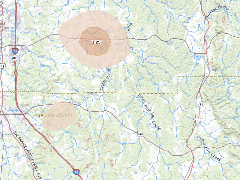 Radar-estimated hail-size map of the storm over Rydal, GA on Aug 9, 2026