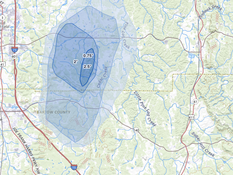 NEXRAD radar-signature map of the hail storm over Rydal, GA on Aug 9, 2026