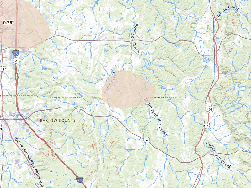 Radar-estimated hail-size map of the storm over Rydal, GA on Aug 11, 2026
