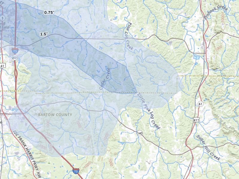 NEXRAD radar-signature map of the hail storm over Rydal, GA on Aug 11, 2026