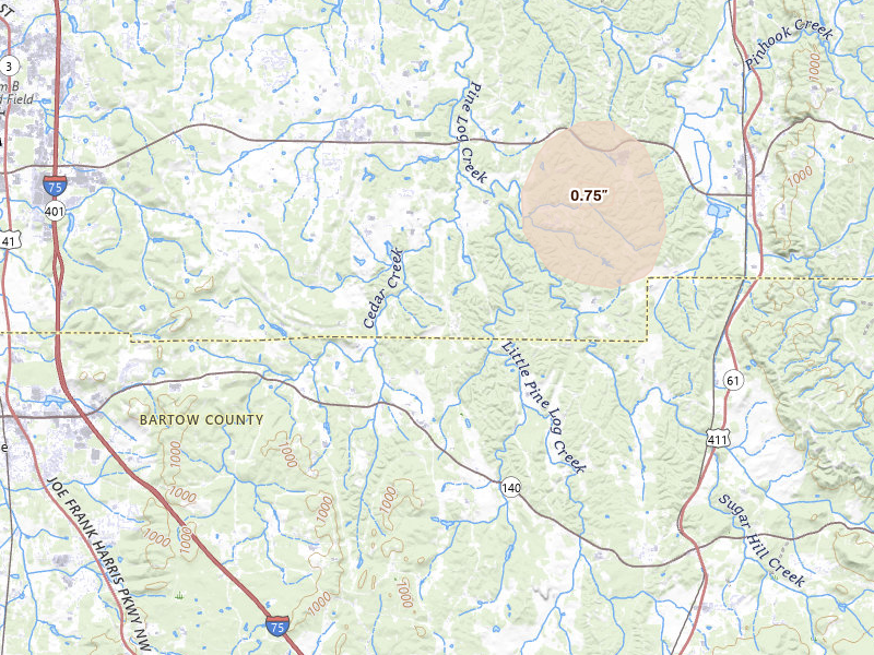 Radar-estimated hail-size map of the storm over Rydal, GA