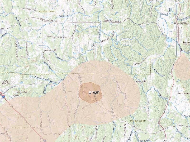 Radar-estimated hail-size map of the storm over Rydal, GA