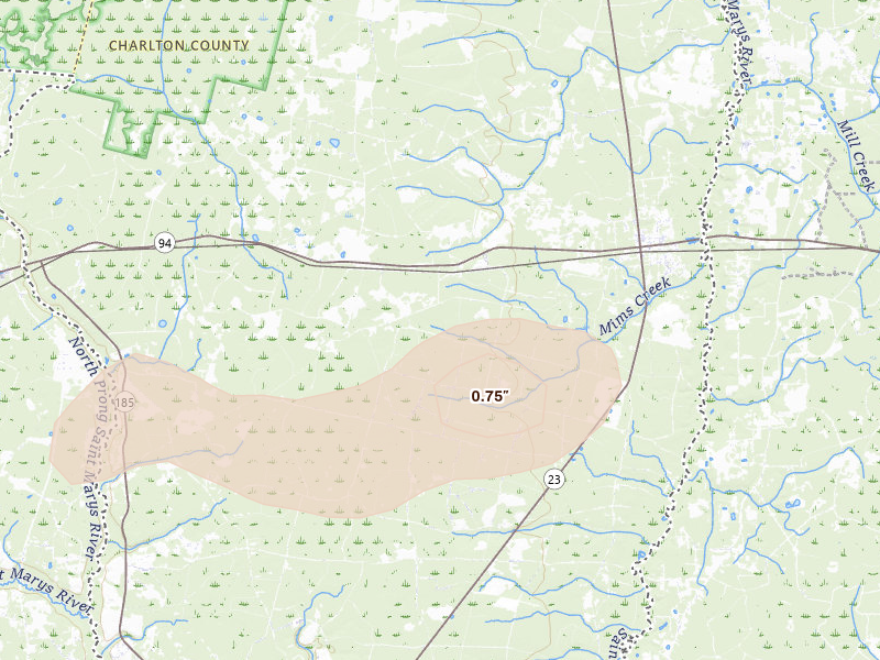 Radar-estimated hail-size map of the storm over Saint George, GA on Mar 6, 2026