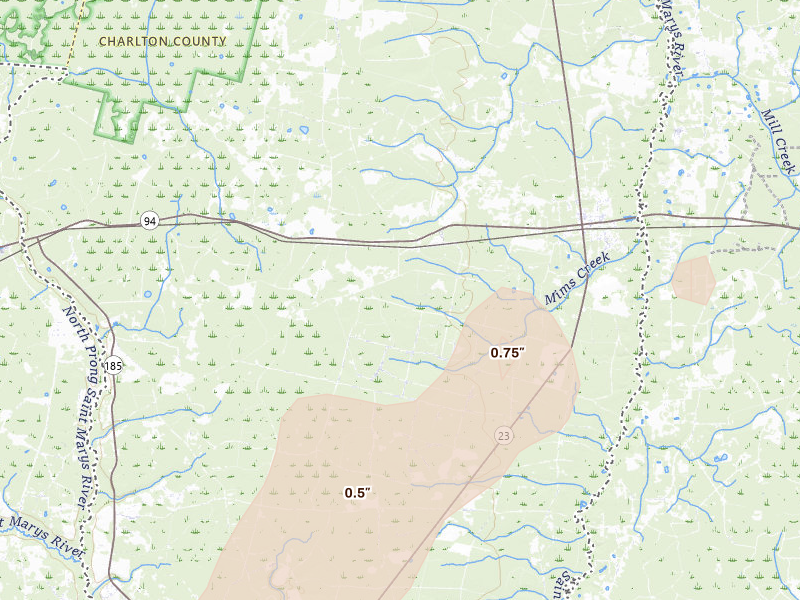 Radar-estimated hail-size map of the storm over Saint George, GA