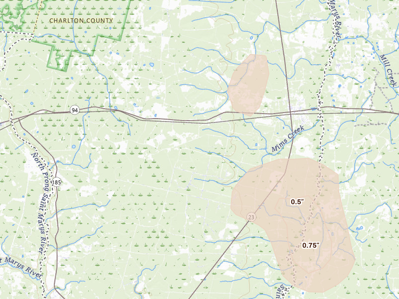 Radar-estimated hail-size map of the storm over Saint George, GA on Jun 25, 2026