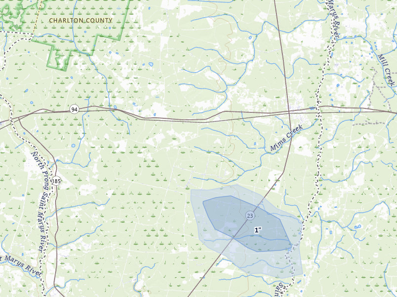 NEXRAD radar-signature map of the hail storm over Saint George, GA on Jul 11, 2026