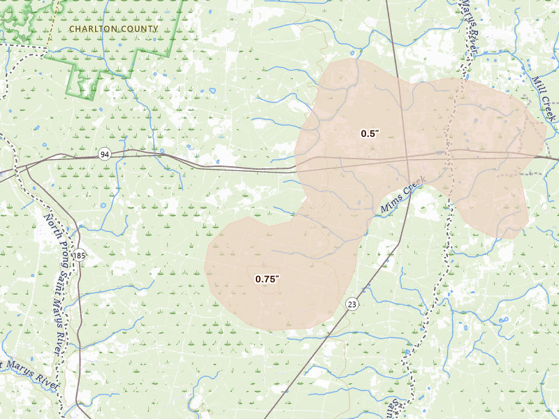 Radar-estimated hail-size map of the storm over Saint George, GA on Jul 29, 2026