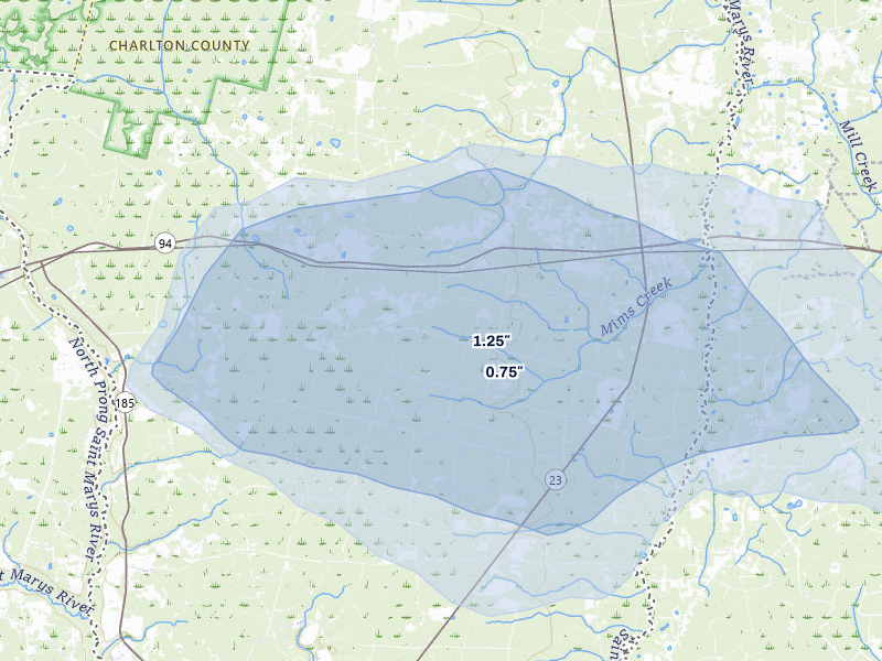NEXRAD radar-signature map of the hail storm over Saint George, GA on Jul 29, 2026