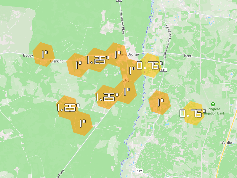 Hail map of Saint George, GA on Jul 29, 2026, hail up to 1.25"