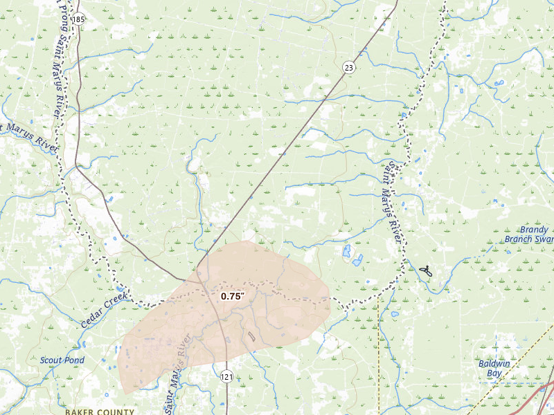 Radar-estimated hail-size map of the storm over Saint George, GA on Aug 6, 2026