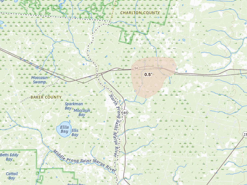 Radar-estimated hail-size map of the storm over Saint George, GA on Aug 14, 2026