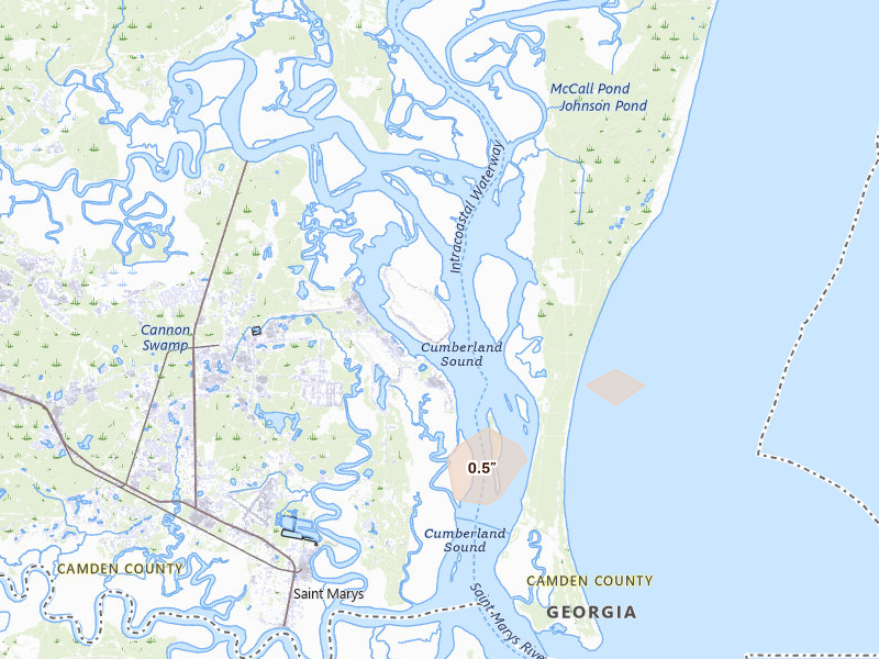 Radar-estimated hail-size map of the storm over Saint Marys, GA