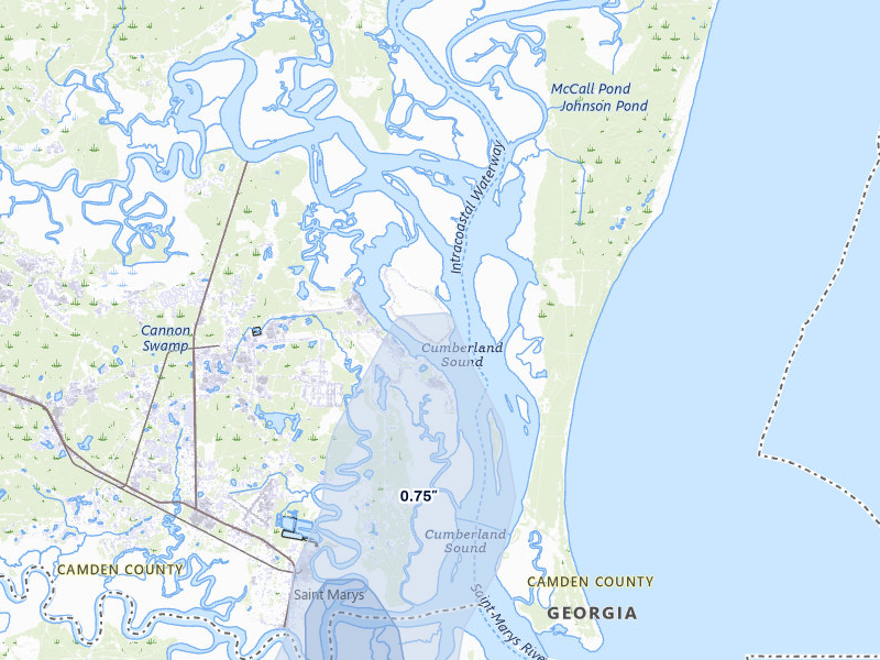 NEXRAD radar-signature map of the hail over Saint Marys, GA