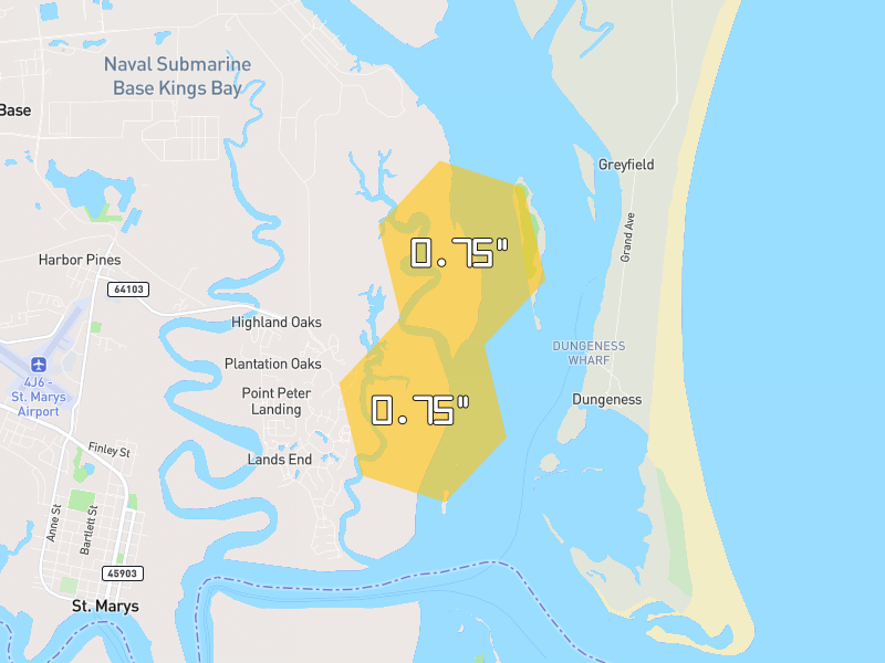 Hail map of Saint Marys, GA on Jun 27, 2026, hail up to 0.75"