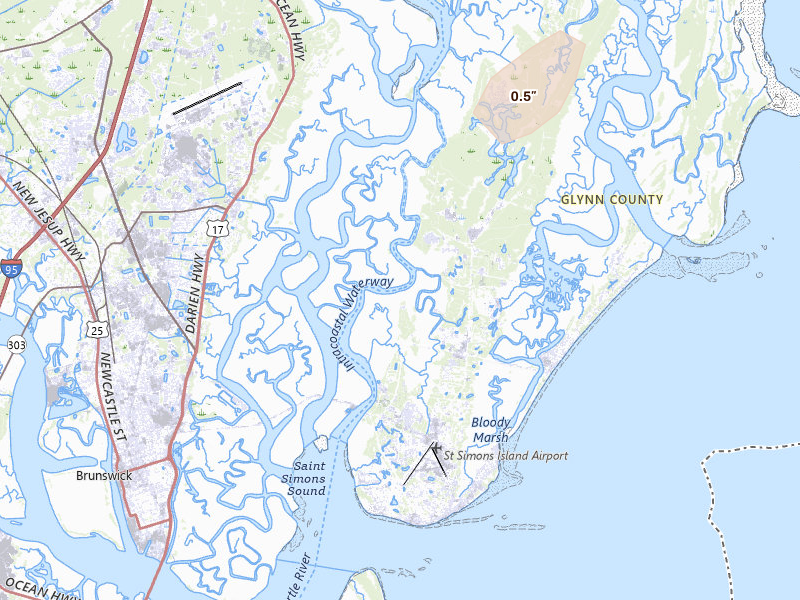 Radar-estimated hail-size map of the storm over Saint Simons Island, GA on Mar 16, 2026