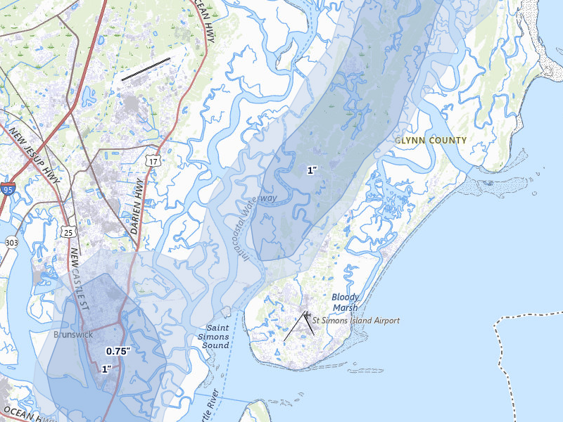 NEXRAD radar-signature map of the hail storm over Saint Simons Island, GA on Mar 16, 2026