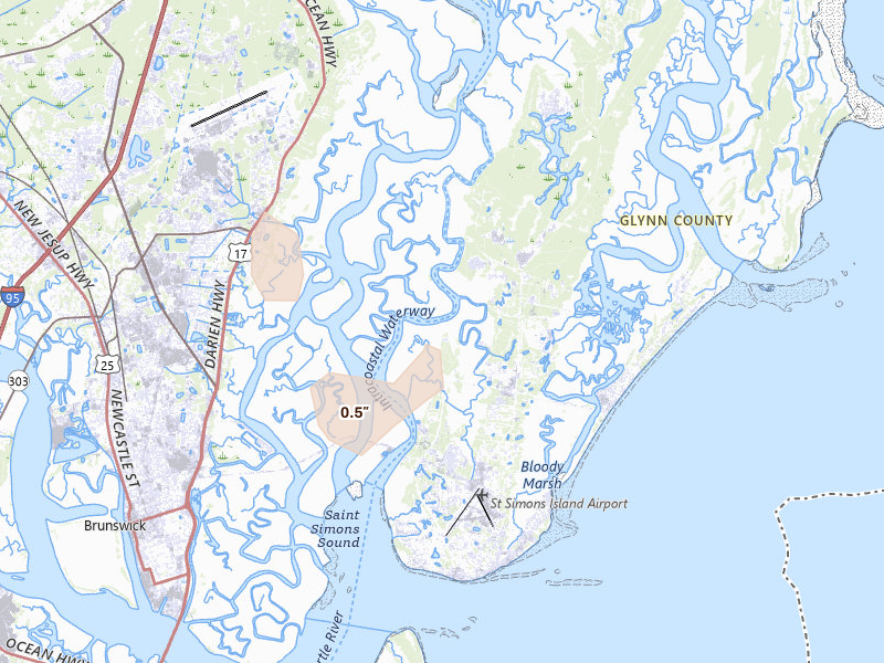 Radar-estimated hail-size map of the storm over Saint Simons Island, GA