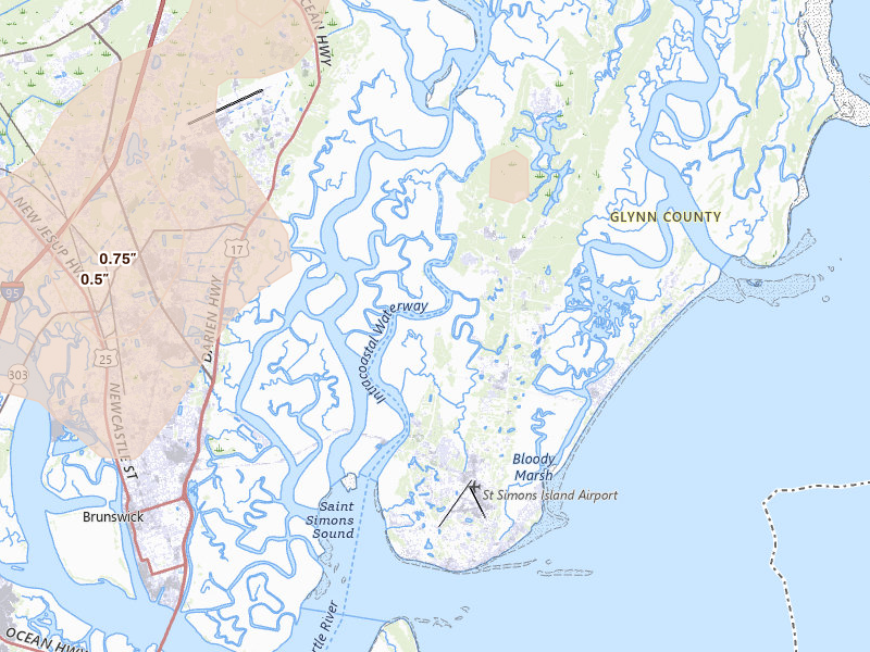 Radar-estimated hail-size map of the storm over Saint Simons Island, GA on Jul 5, 2026