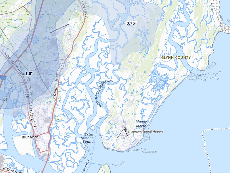 NEXRAD radar-signature map of the hail storm over Saint Simons Island, GA on Jul 5, 2026