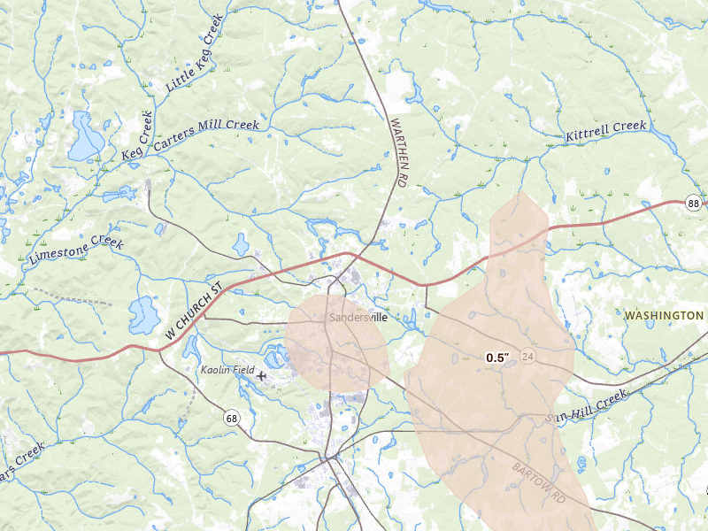 Radar-estimated hail-size map of the storm over Sandersville, GA on Jul 17, 2026