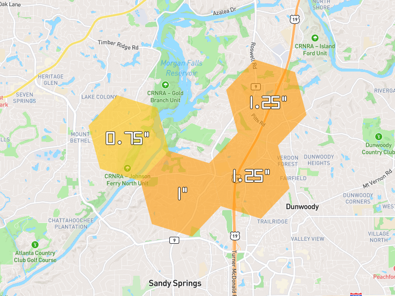 Hail map of Sandy Springs, GA on Jul 3, 2026, hail up to 1.25"